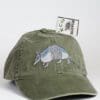 A baseball cap with an armadillo on it.