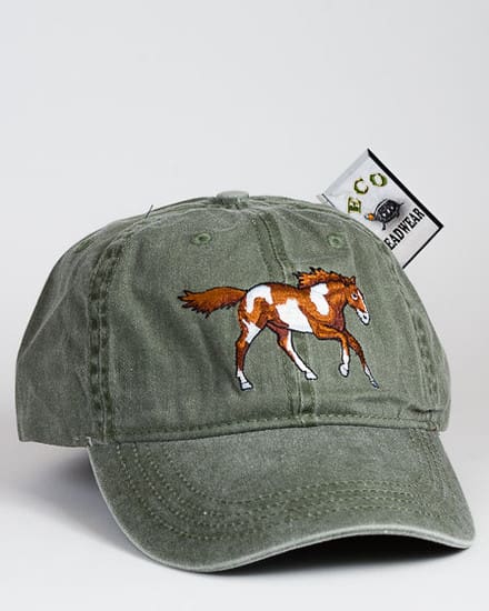 A hat with an image of a horse on it.