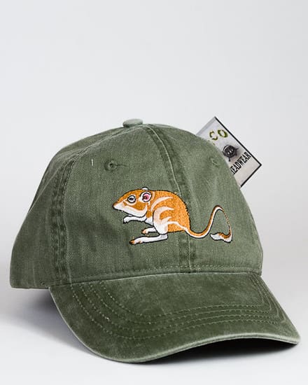 A green hat with an orange and white rat on it.