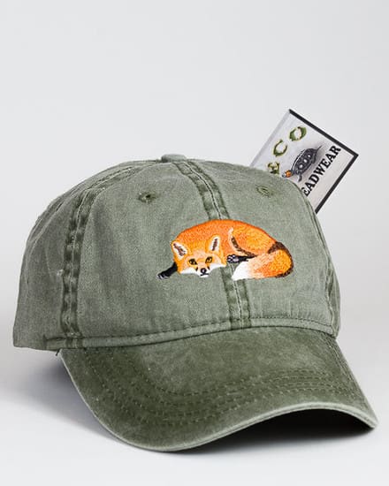A green hat with an orange fox on it