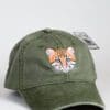 A green hat with an orange cat on it