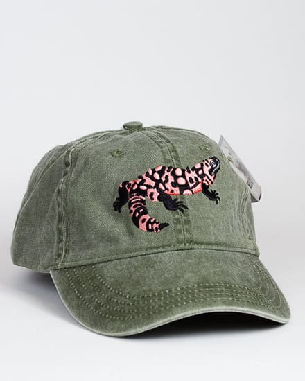 A green hat with a leopard print on it.