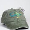 A hat with an embroidered lizard on it.
