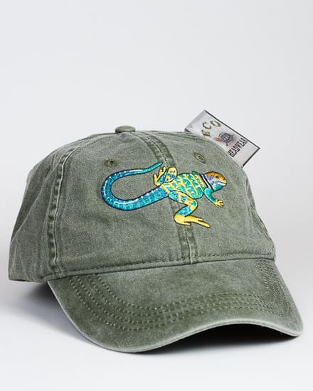 A hat with an embroidered lizard on it.