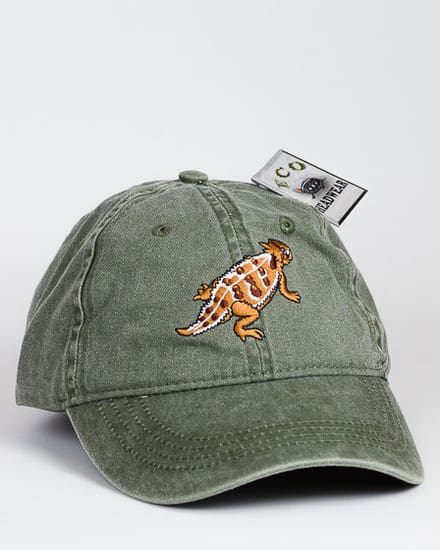 A green hat with an orange turtle on it.