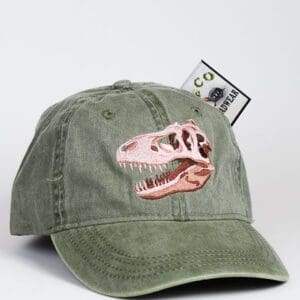 A green hat with a dinosaur head on it