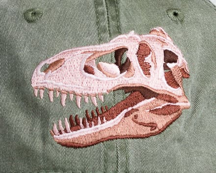 A t-rex skull embroidered on the front of a green jacket.