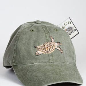 A Hawksbill Sea Turtle Cap with a turtle on it.