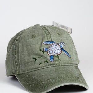A green Baby Loggerhead Sea Turtle Cap embroidered on it.