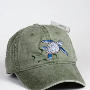 A green Baby Loggerhead Sea Turtle Cap embroidered on it.