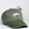 A green hat with a fish on it