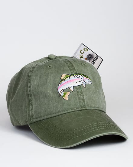 A green hat with a fish on it