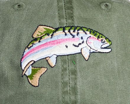 A fish is embroidered on the back of a hat.