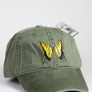 A green hat with a yellow butterfly on it.