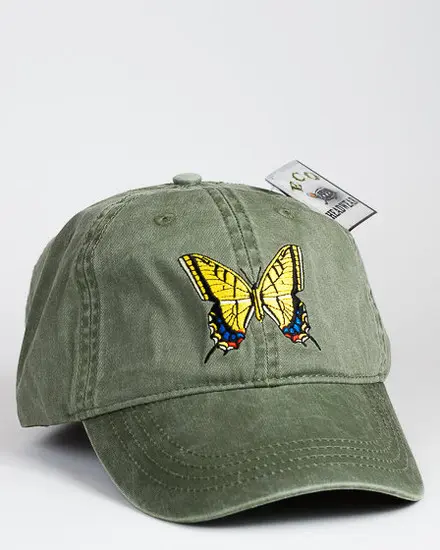 A green hat with a yellow butterfly on it.