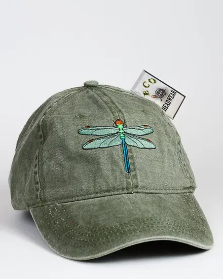 A green hat with a blue and yellow dragonfly on it.