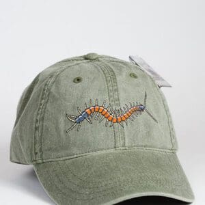 A baseball cap with an embroidered caterpillar on it.