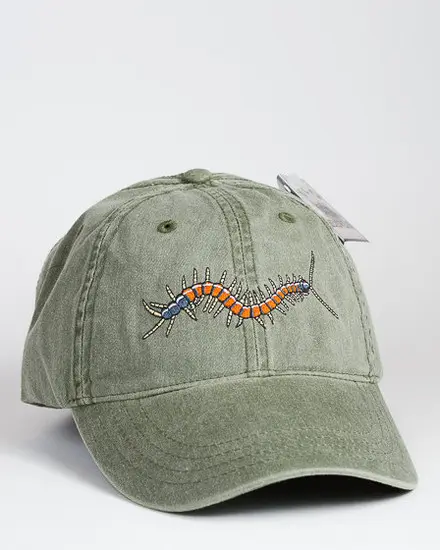 A baseball cap with an embroidered caterpillar on it.