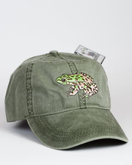 A green hat with a frog on it
