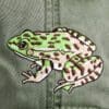 A green frog is embroidered on the back of a jacket.