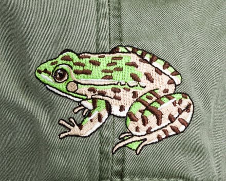A green frog is embroidered on the back of a jacket.