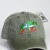 A green hat with a frog on it.