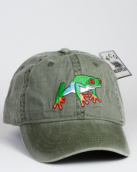 A green hat with a frog on it.