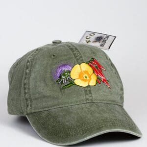 A Desert Blooms Cap with a flower embroidered on it.