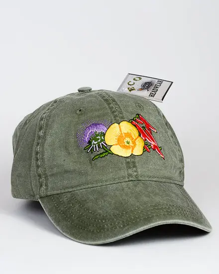 A Desert Blooms Cap with a flower embroidered on it.