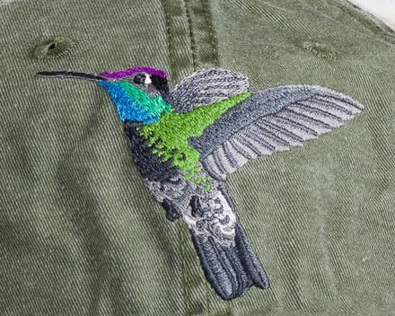 A hummingbird is embroidered on the back of a green shirt.