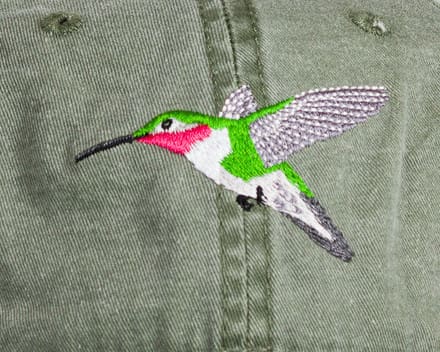 A hummingbird is embroidered on the back of a green jacket.