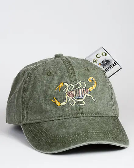 A green hat with a yellow and red logo.