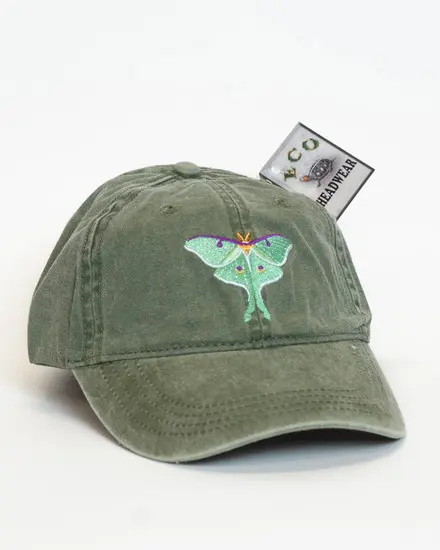 A green hat with an image of a butterfly on it.