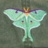 A green butterfly with purple wings and yellow legs.