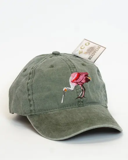 A green hat with a pink umbrella on it.