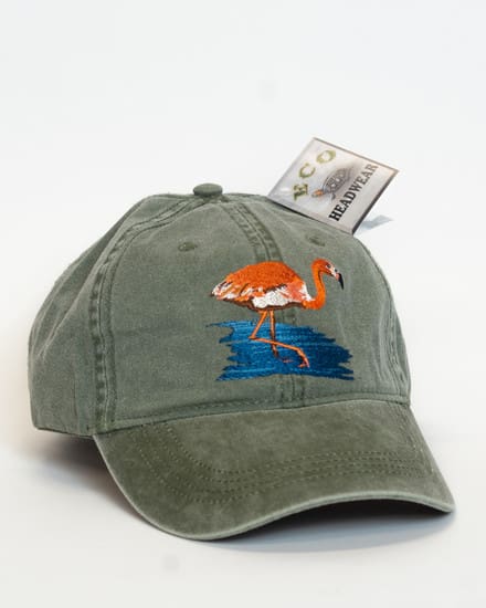 A hat with an orange flamingo on it.