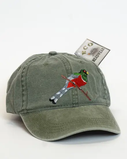 A green hat with a skier on it