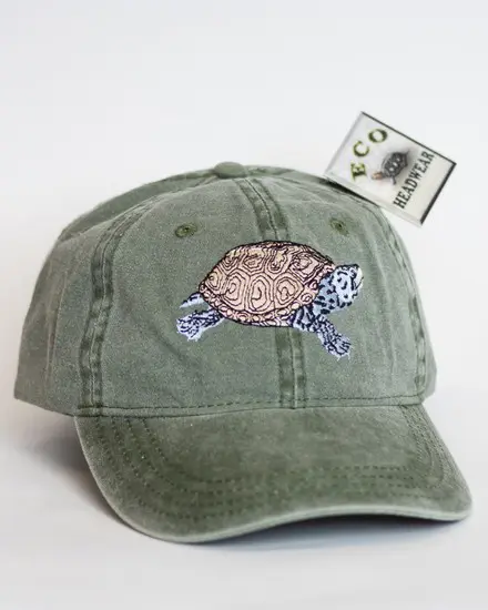 A Diamondback Terrapin Cap with a turtle embroidered on it.