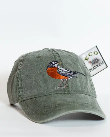 A green hat with an orange bird on it