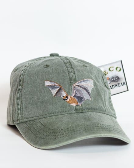 A baseball cap with an image of a bat on it.