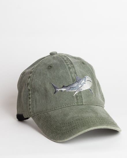A green hat with a fish on it
