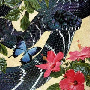 A painting of a snake and butterfly in the jungle.