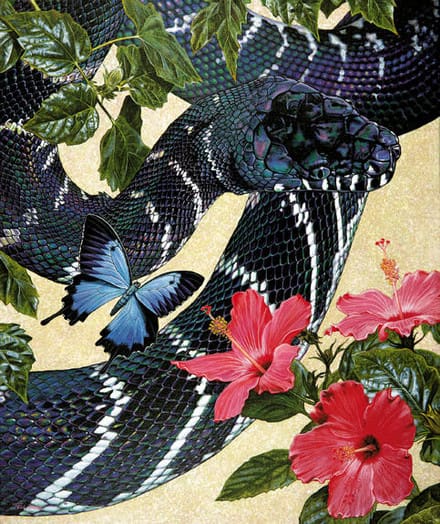 A painting of a snake and butterfly in the jungle.