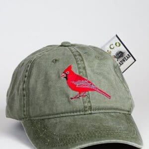 A baseball cap with a cardinal on it.