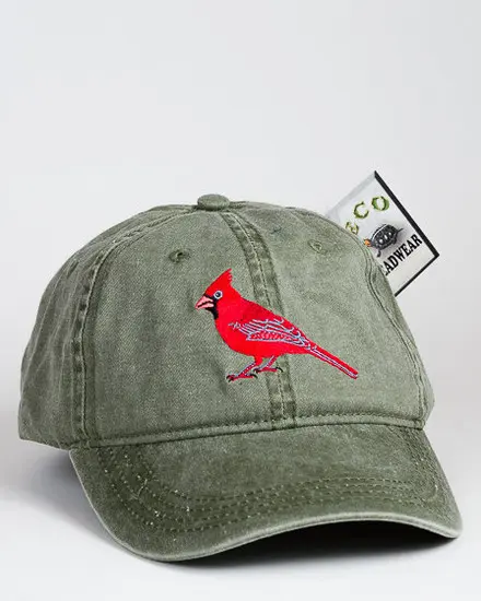 A baseball cap with a cardinal on it.