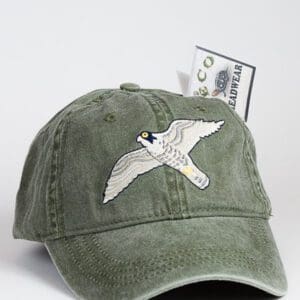 A green hat with a bird on it