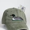 A hat with a duck on it and money in the background.