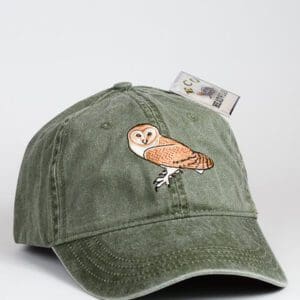 A baseball cap with an owl on it.