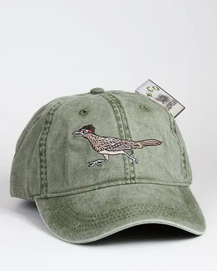 A green hat with a bird on it