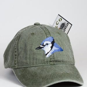 A green hat with a blue bird on it